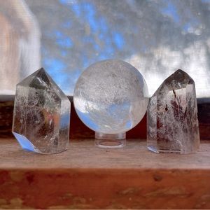 Crystal bundle!!  2 Lodalite towers and 1 clear quartz sphere with stand